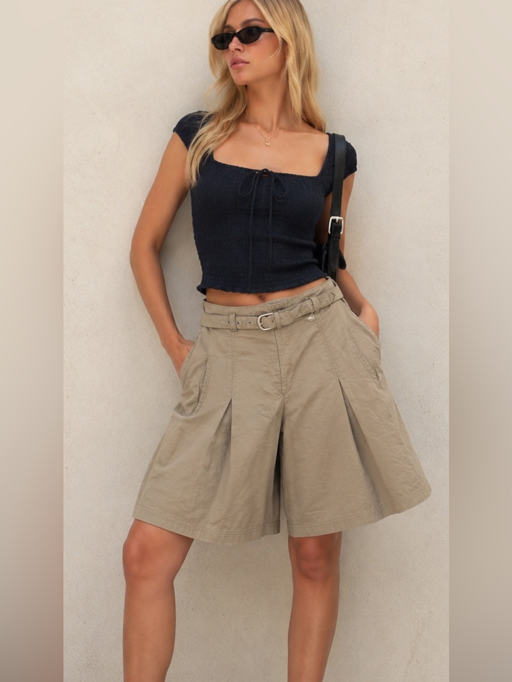 Esprit de Corp heavily produced high-waisted, doublepleated cotton chino shorts